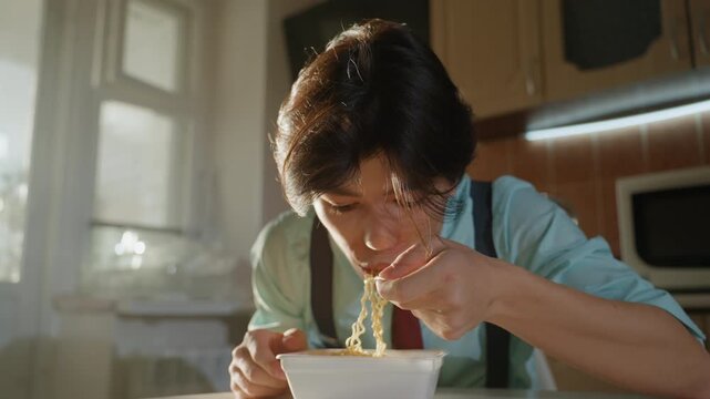 Young man eating noodles at kitchen. Shirt, tie and suspenders, warm sunlight through window, steam rising from bowl, focused slow bites, solitary breakfast scene with microwave and tidy counter,