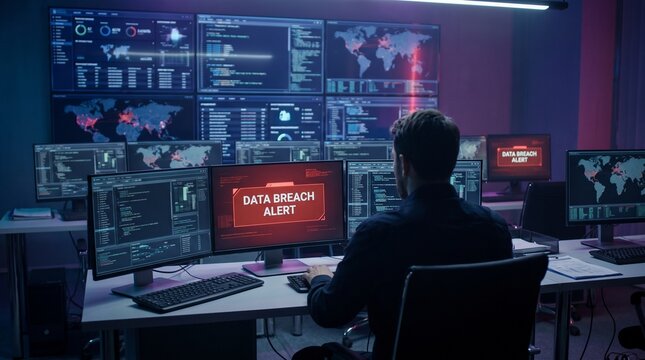 Cybersecurity analyst monitoring system breach alert on large screen with global cyber attack map in dark security operations center