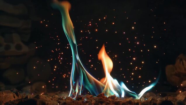 Mesmerizing 4K high-speed video played in reverse capturing vivid multicolored flames and brilliant fiery sparks igniting out of complete darkness to form a dramatic fantasy fire effect