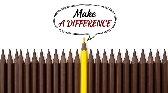 Single yellow pencil standing out among brown pencils with a speech bubble saying make a difference