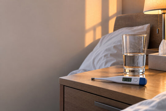 Thermometer and water glass beside bed. Space for text.