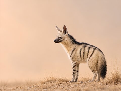 Wild Animal Background - Aardwolf (Proteles cristata). Striped Aardwolf standing on dry grassland with a blurred background under a soft, warm light during sunset in a natural habitat