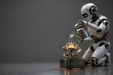 Fototapeta premium Robot gardener waters a glowing metallic flower. Space for text.