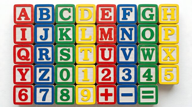 Colorful wooden alphabet and number blocks arranged in a grid on a white background for education