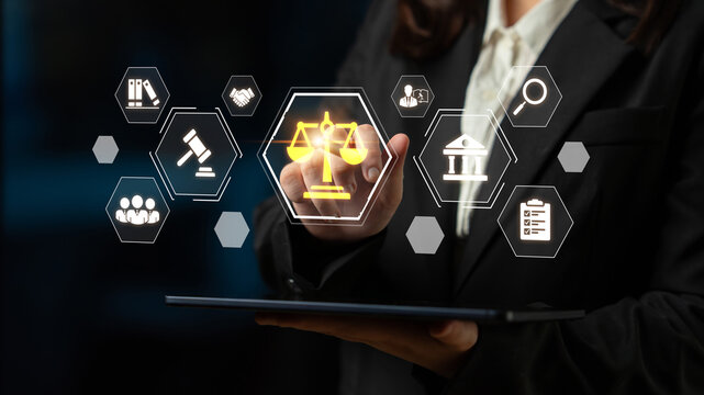 Concept of corporate legal services. Providing advice and ensuring compliance with laws and regulations through contracts, research, and representation in matters of justice. Fermion