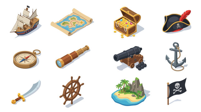 Pirate Adventure Icons: Ship, Treasure Chest, Map, Compass, Cannon, Island
