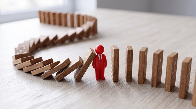 A red figurine stands among a line of wooden dominoes, symbolizing management and decision-making in a business setting.