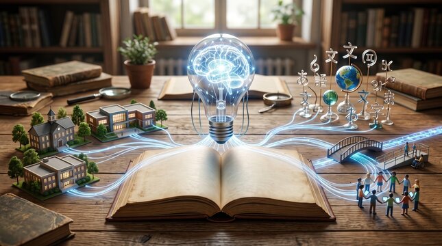 An open book with holographic illustrations of knowledge and innovation in a cozy library setting.