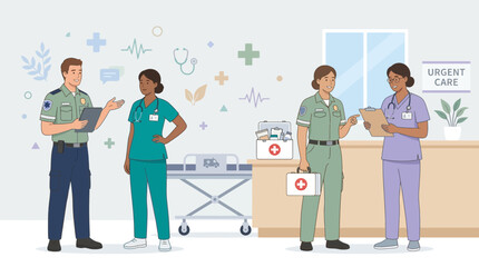 Obraz premium Diverse medical professionals in urgent care setting, illustration