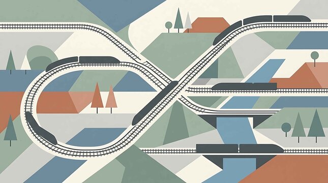 Abstract geometric illustration of a sleek, modern train navigating a complex railway network with a minimalist landscape of hills, trees, and buildings.