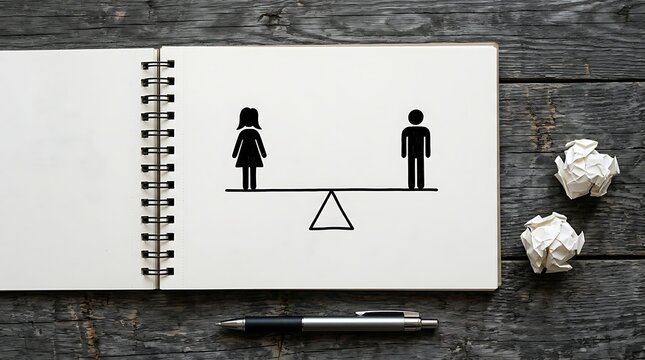 Gender equality concept sketch with male and female figures balanced on a scale in a notebook