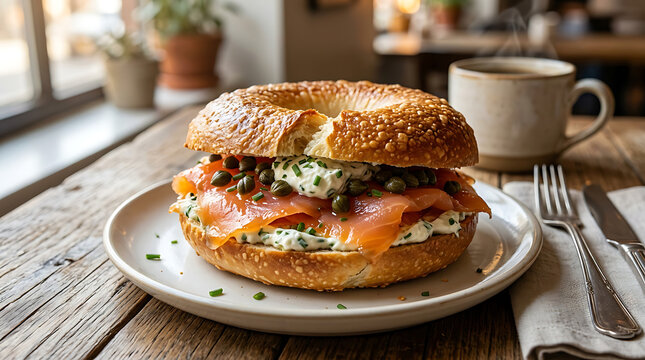 A perfectly crafted bagel generously filled with smoked salmon, cream cheese, capers, and fresh chives, ready to be savored.