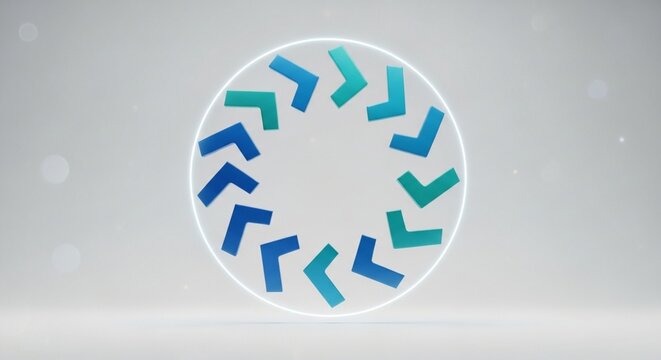Modern 3D Abstract Graphic Featuring Blue Chevron Arrows Arranged in a Circular Glowing Neon Ring