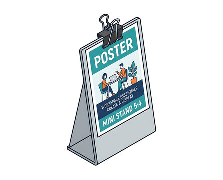 Pixel Art Isometric View of a Poster Display Stand with a Graphic Advertisement and Clipping Mechanism