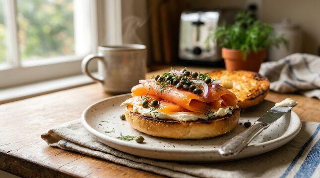 Delicious bagel with smoked salmon, cream cheese, capers, and fresh herbs served on a rustic plate with coffee steaming nearby