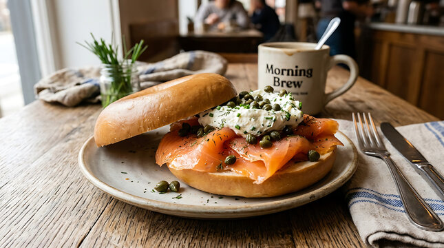 Gourmet bagel filled with fresh lox salmon, cream cheese, and capers, served on a plate with a morning brew coffee mug