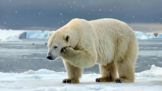Majestic 4K slow motion ProRes footage shot in vertical format capturing an adult polar bear standing resiliently on the icy Arctic landscape under soft polar sunlight