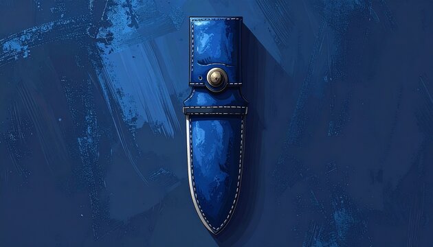 Blue Leather Knife Sheath with Brass Stud on Dark Background.
