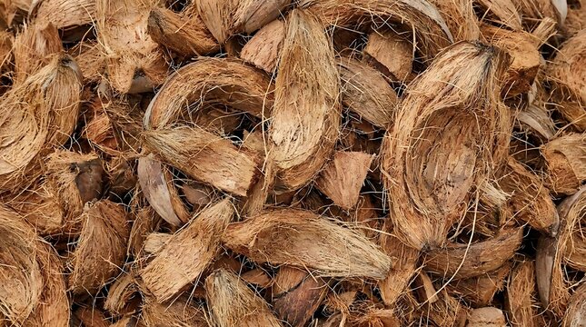 Pile of dried brown coconut husk fibers.