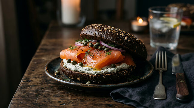 Pumpernickel Bagel Sandwich with Smoked Salmon, Cream Cheese, Capers and Red Onion on a Rustic Table with Candle Light