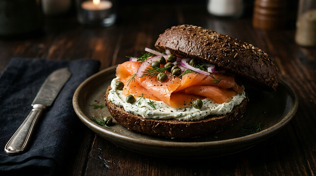 Pumpernickel bagel with rich smoked salmon, cream cheese, dill, onion, and capers on a rustic plate