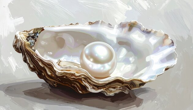 Single Pearl Resting Inside Open Oyster Shell.
