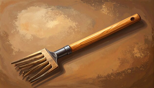 Vintage Wooden Rake on Rustic Copper Surface.
