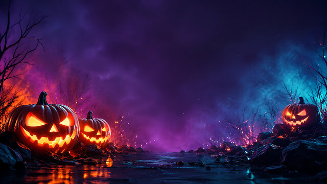jack o lantern pumpkin background background with copy space, Neon Glow style