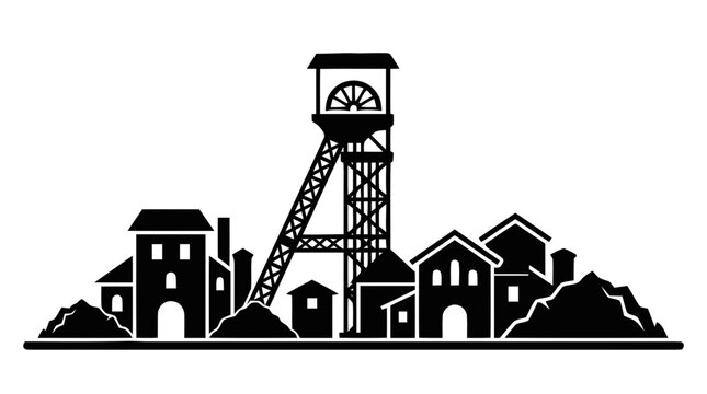 Vector illustration of silhouette of a coal mine headframe with surrounding industrial buildings on a transparent background
