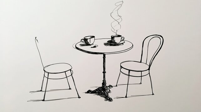Charming Hand-Drawn Sketch of a Parisian Cafe Table with Steaming Coffee Cups and Chairs