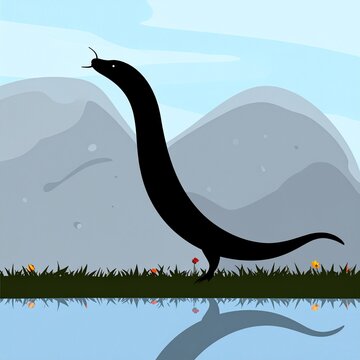 Silhouette of a long necked creature in a serene landscape.
