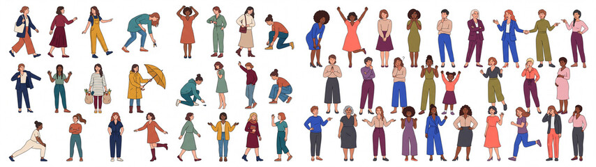 Obraz premium Diverse Women Characters Expressive Poses and Fashion Vector Illustration Collection