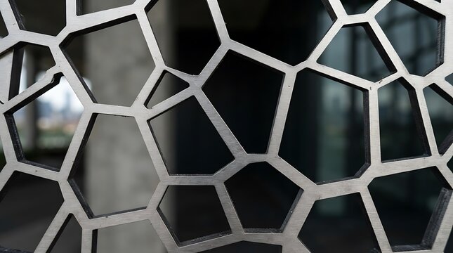 Modern Architectural Steel Panel with Geometric Voronoi Pattern and Abstract Metallic Structure