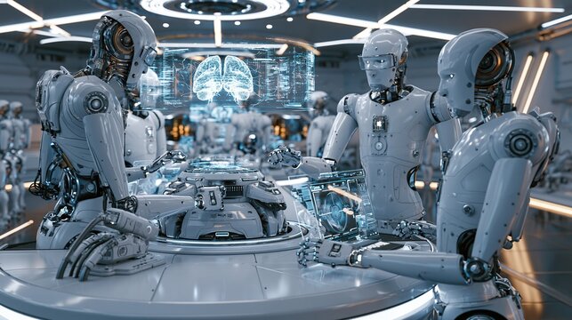 Advanced humanoid robots collaborating in a futuristic laboratory, discussing artificial intelligence and technology