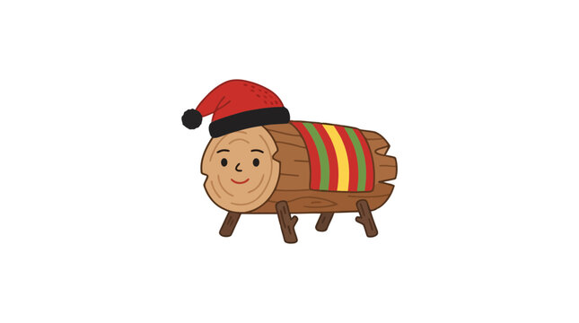 Friendly cartoon yule log character wearing a Santa hat and a colorful winter scarf on white background