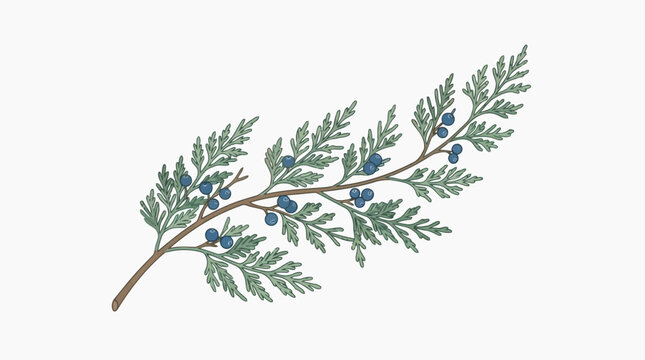 Detailed botanical illustration of juniper branch with blue berries on white background for seasonal decor and design