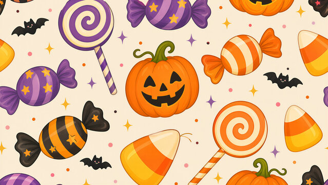 Large Halloween Candy Seamless Pattern, Oversized Sweets and Pumpkins