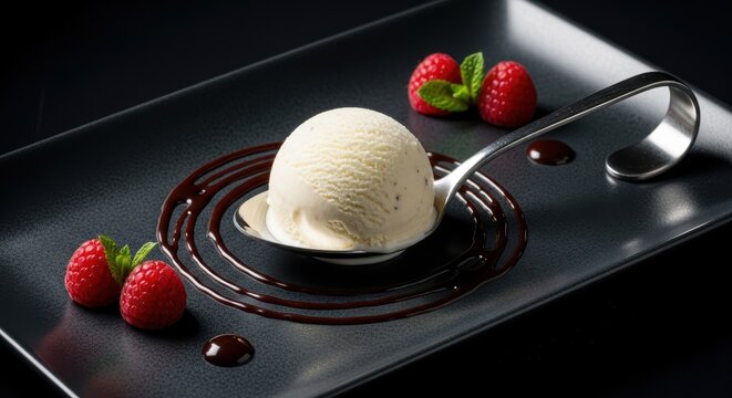 Single scoop of creamy vanilla ice cream on silver spoon with chocolate syrup drizzle.