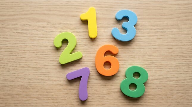 Colorful plastic numbers arranged on a light wooden surface for early childhood education and basic mathematics learning