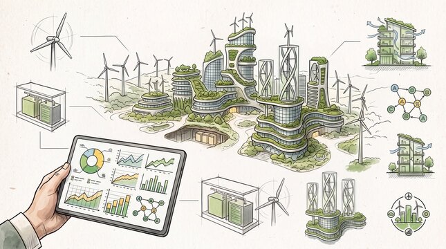 Illustration of a sustainable future city with renewable energy sources and green architecture for a better environment.