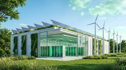 Fototapeta premium Modern eco-friendly building featuring solar panels and wind turbines surrounded by lush greenery in a vibrant landscape.