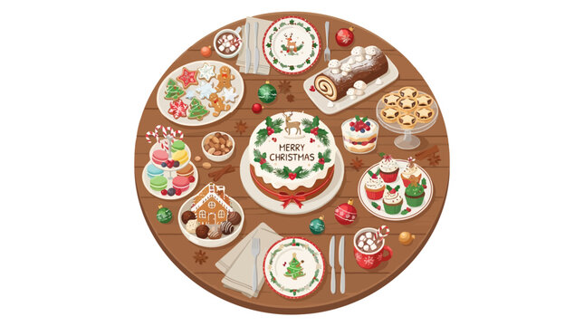 Top view of christmas dining table with festive cakes cookies and holiday treats in a flat vector illustration style