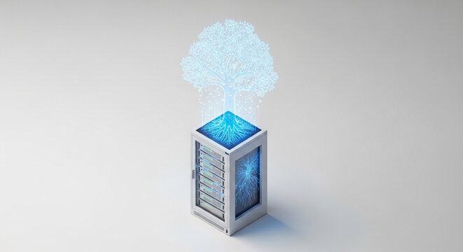 Abstract representation of artificial intelligence or data processing emanating as a glowing brain-like structure from a server rack.