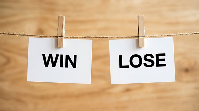 Win and Lose text printed on white paper cards hanging on a rope against wooden background