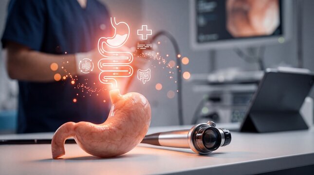 Gastroenterology concept with stomach model with table doctor background displays stomach model endoscope