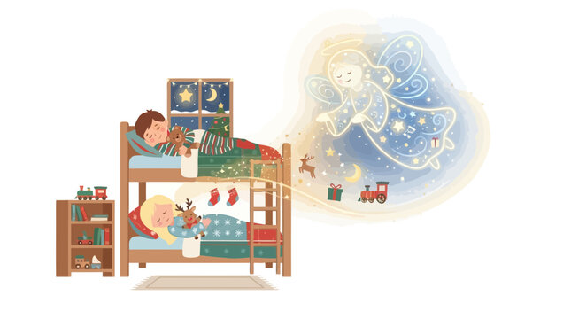 Two children sleeping in bunk bed dreaming of Christmas angel bringing festive toys and gifts during winter holiday