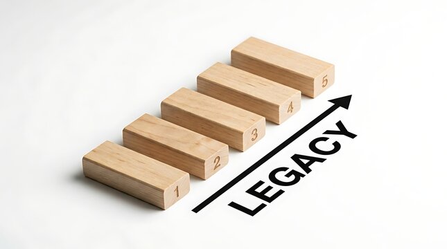 Wooden blocks arranged in a rising staircase pattern with the word legacy and an upward pointing arrow
