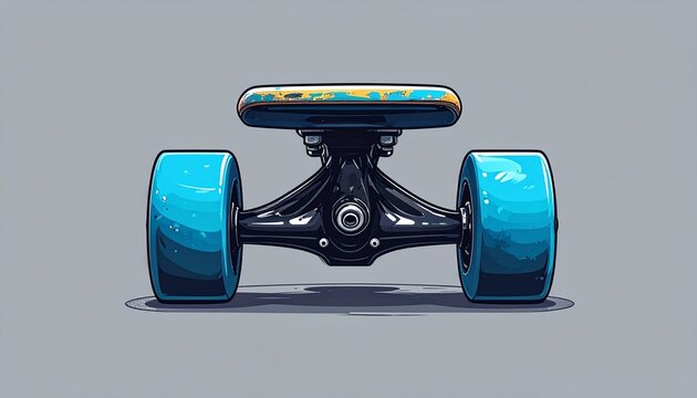 Colorful longboard with large blue wheels on gray background.