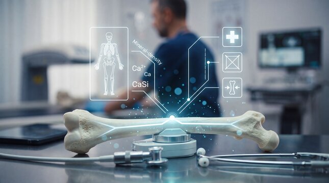 Medical professional analyzing human femur bone density using advanced digital holographic diagnostic technology