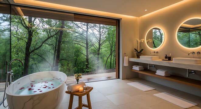 Modern luxury bathroom with freestanding soaking tub overlooking a serene lush green forest landscape through floor to ceiling glass windows